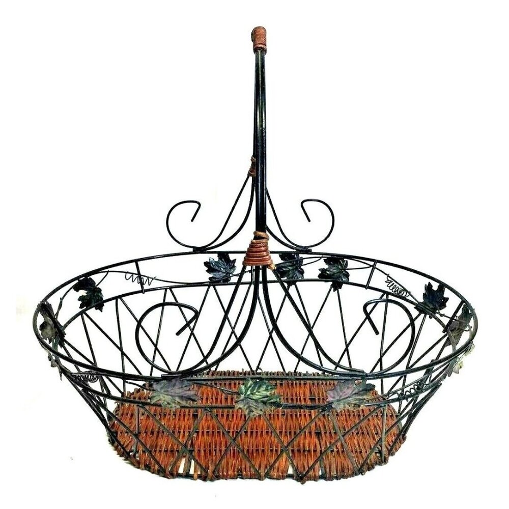 Black Metal & Brown Wicker Oval Basket With Handle & Leaf Design